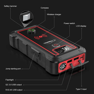 2500A 23800mAh Car Jump Starter 10W wireless charger Car Battery Power Bank with LCD Screen LED Flashlight Safety Hammer